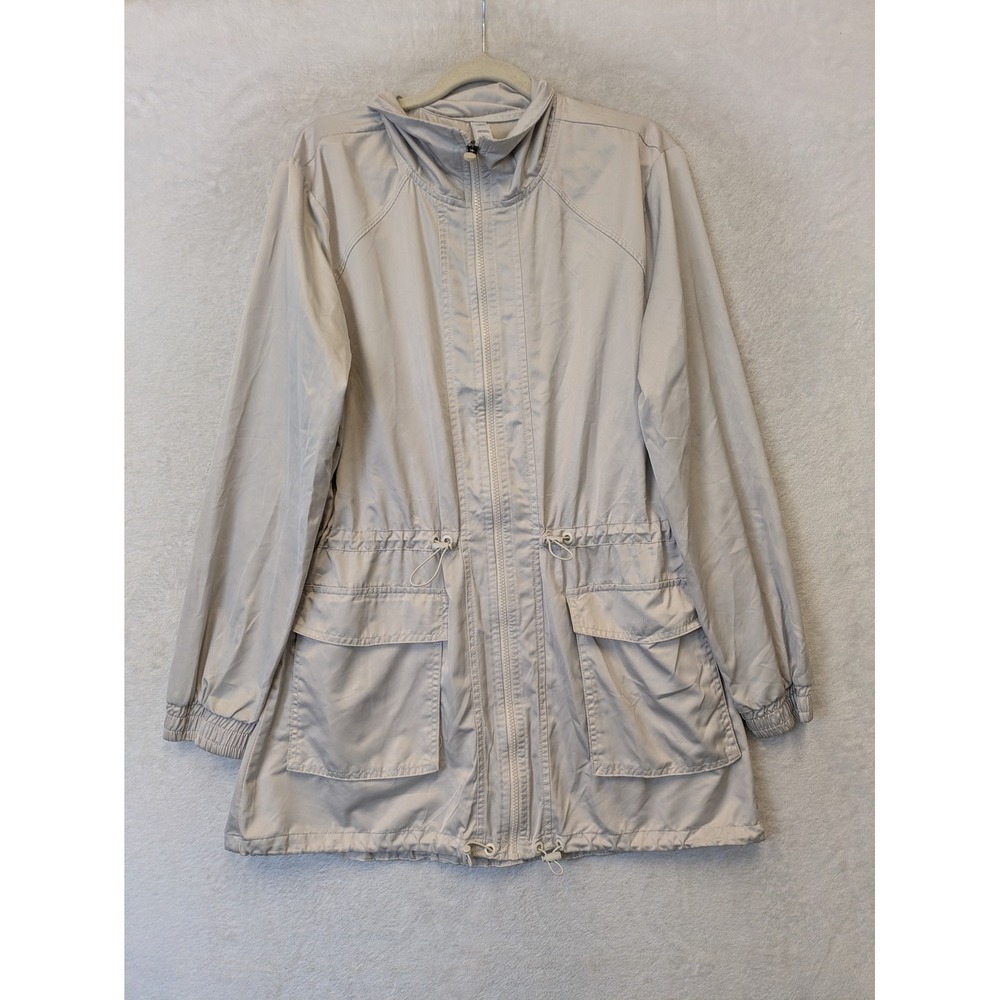Apana Utility Jacket Women's M Beige Full Zip Cinched Waist Cargo Pockets Hooded